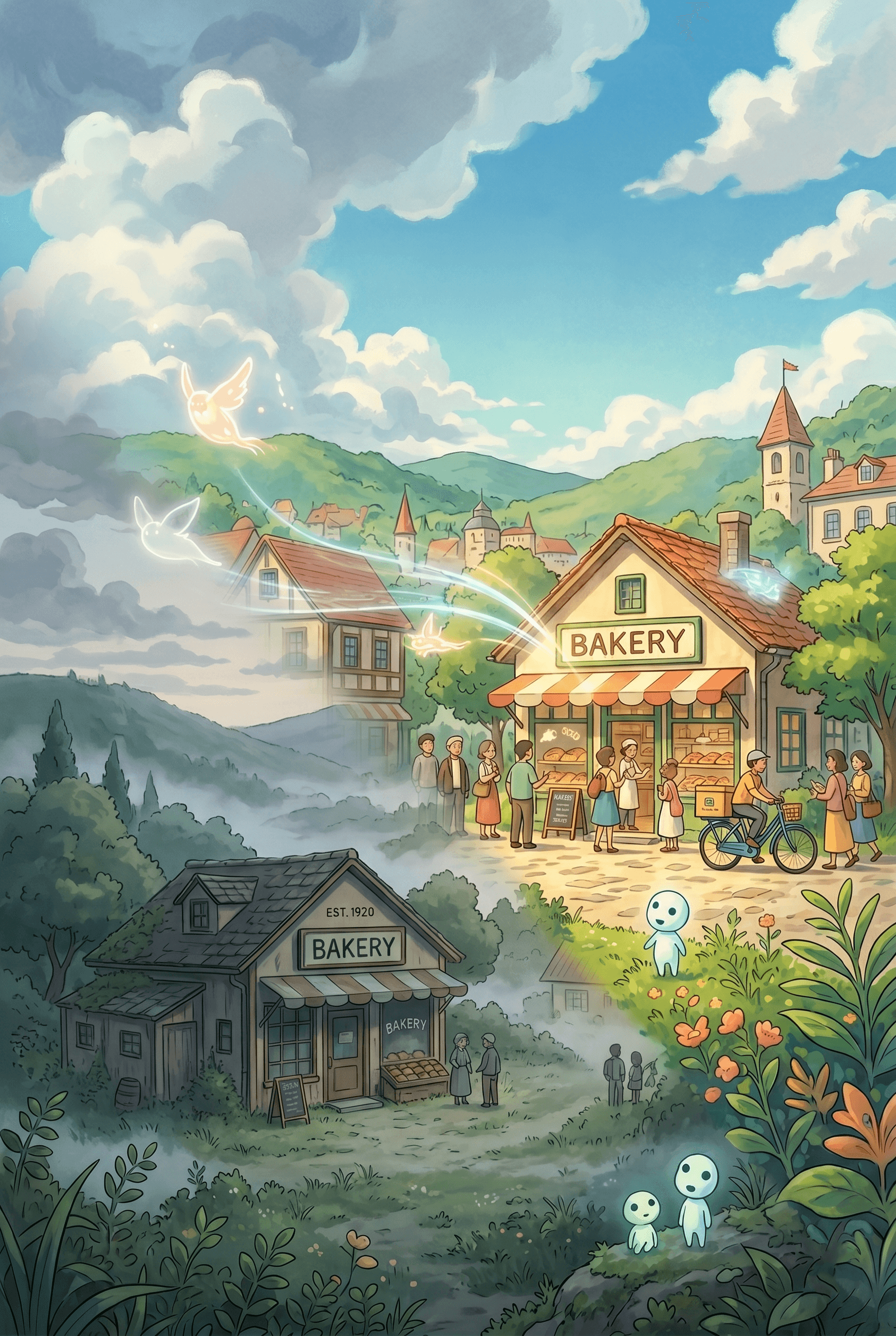 Whimsical countryside bakery scene blending traditional village life with futuristic digital spirits