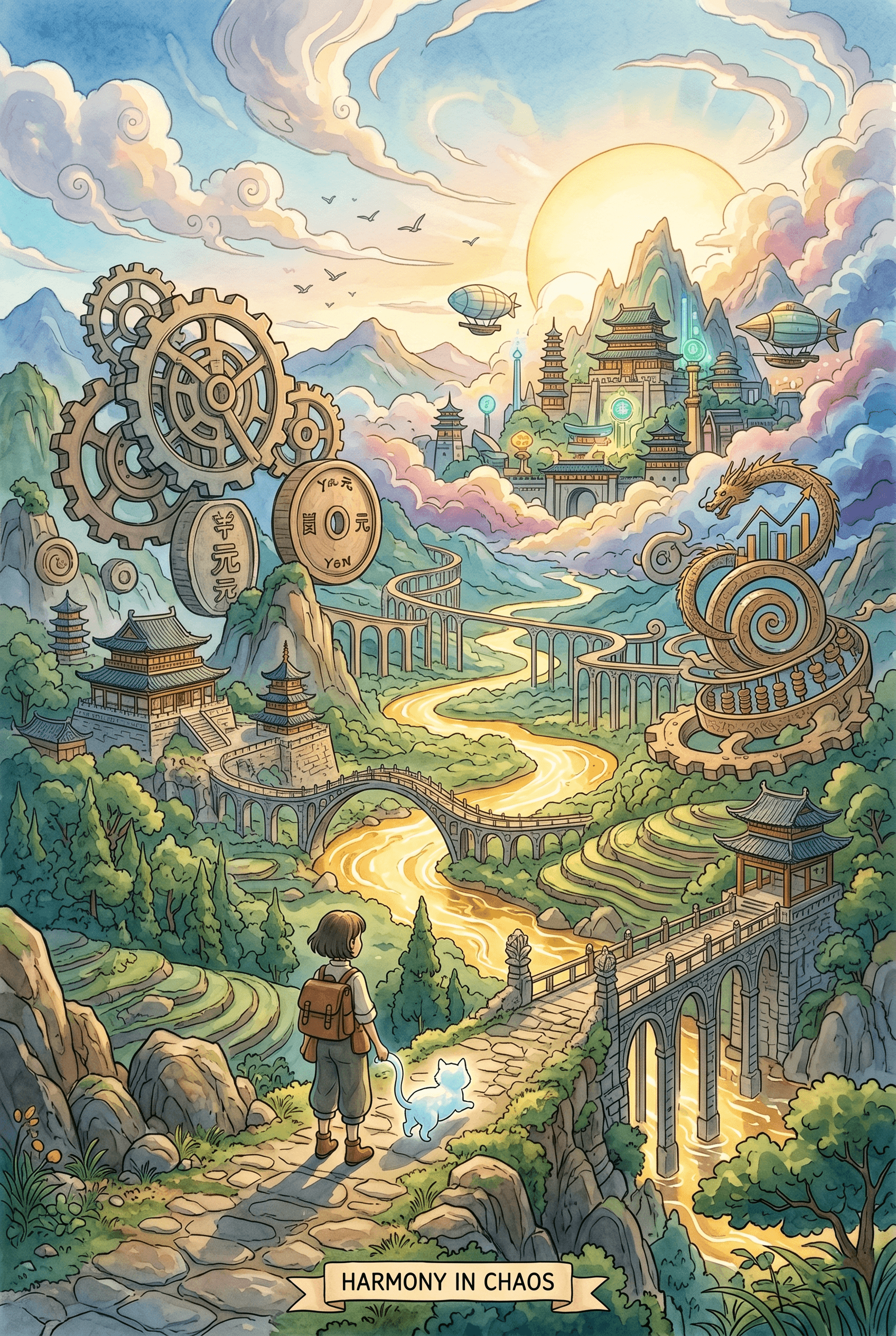 A Miyazaki-style vertical poster featuring a young traveler standing on a stone bridge, overlooking a vast Chinese landscape where traditional pagodas and terraced hills are intertwined with giant floating clockwork gears and ancient coins. A golden river flows through the valley toward a distant, futuristic city under a soft sunrise, blending whimsical fantasy with economic symbolism.