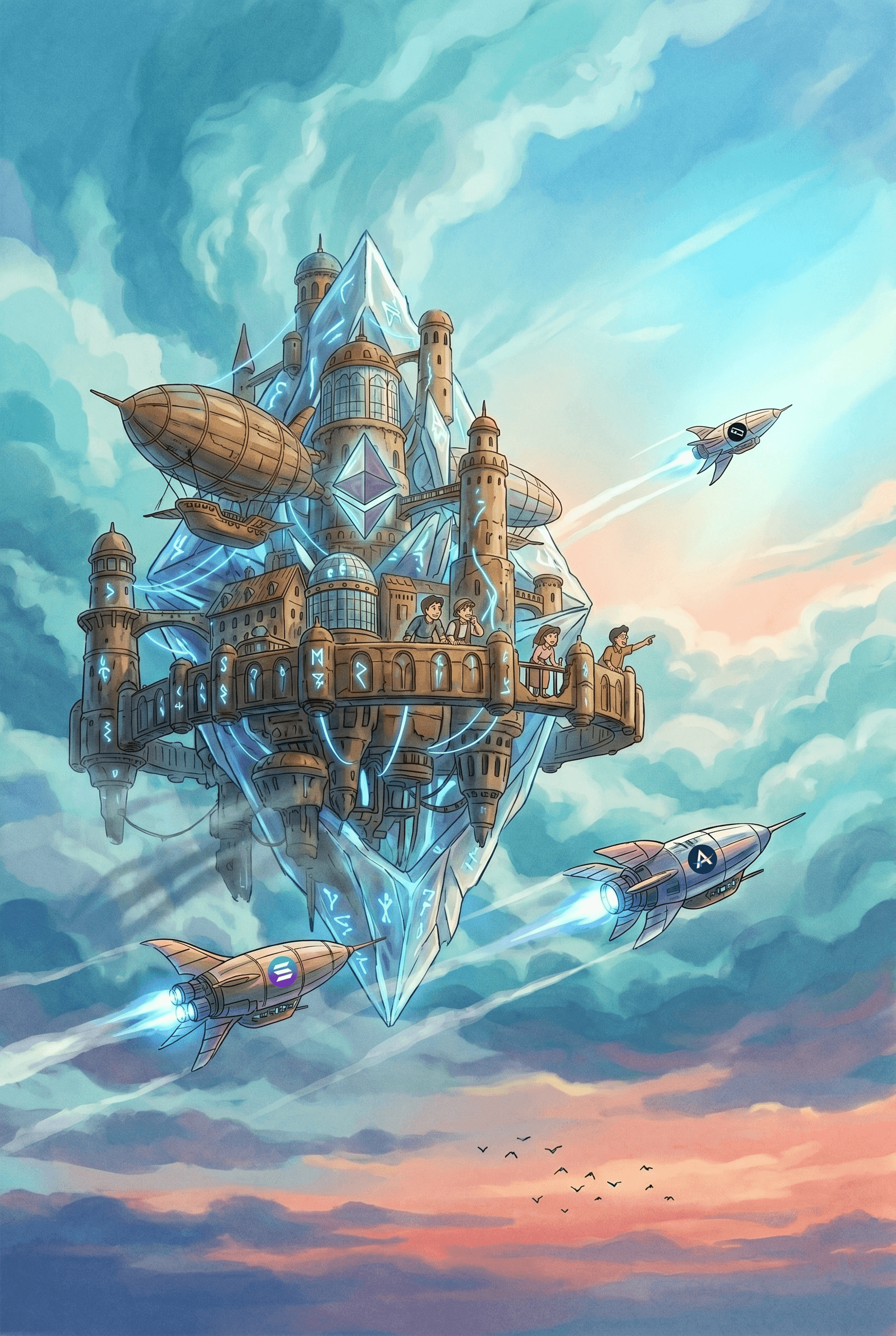 A Studio Ghibli-style artistic poster featuring a majestic floating city built into a massive crystal shaped like the Ethereum logo; modern, sleek rockets representing competitors zoom past the ancient structure against a vibrant sunset sky.