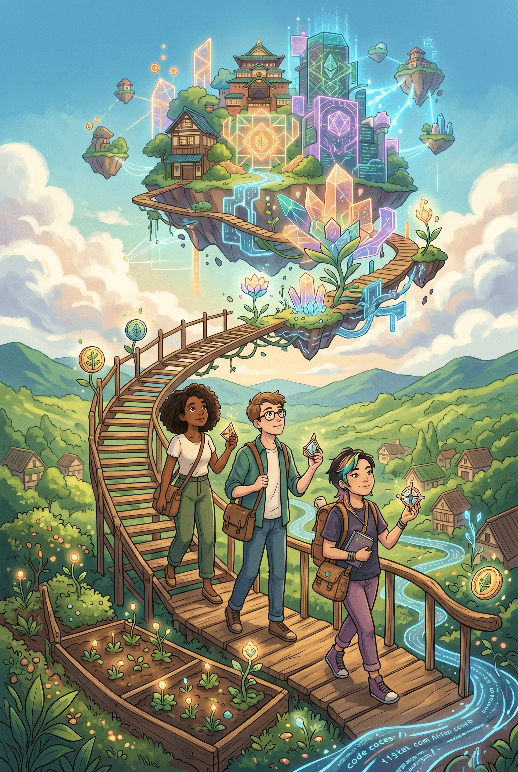 Young creators exploring a colorful decentralized digital world inspired by blockchain and Web3 innovation