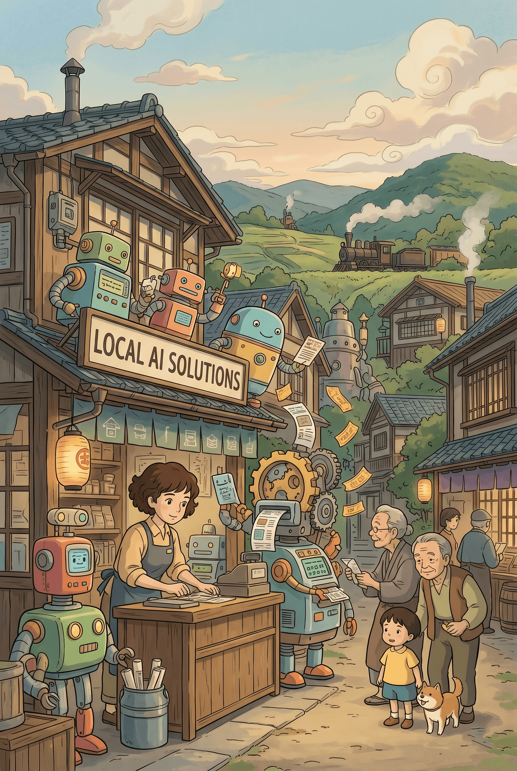 Retro-futuristic rural town with friendly robots providing local AI solutions to villagers
