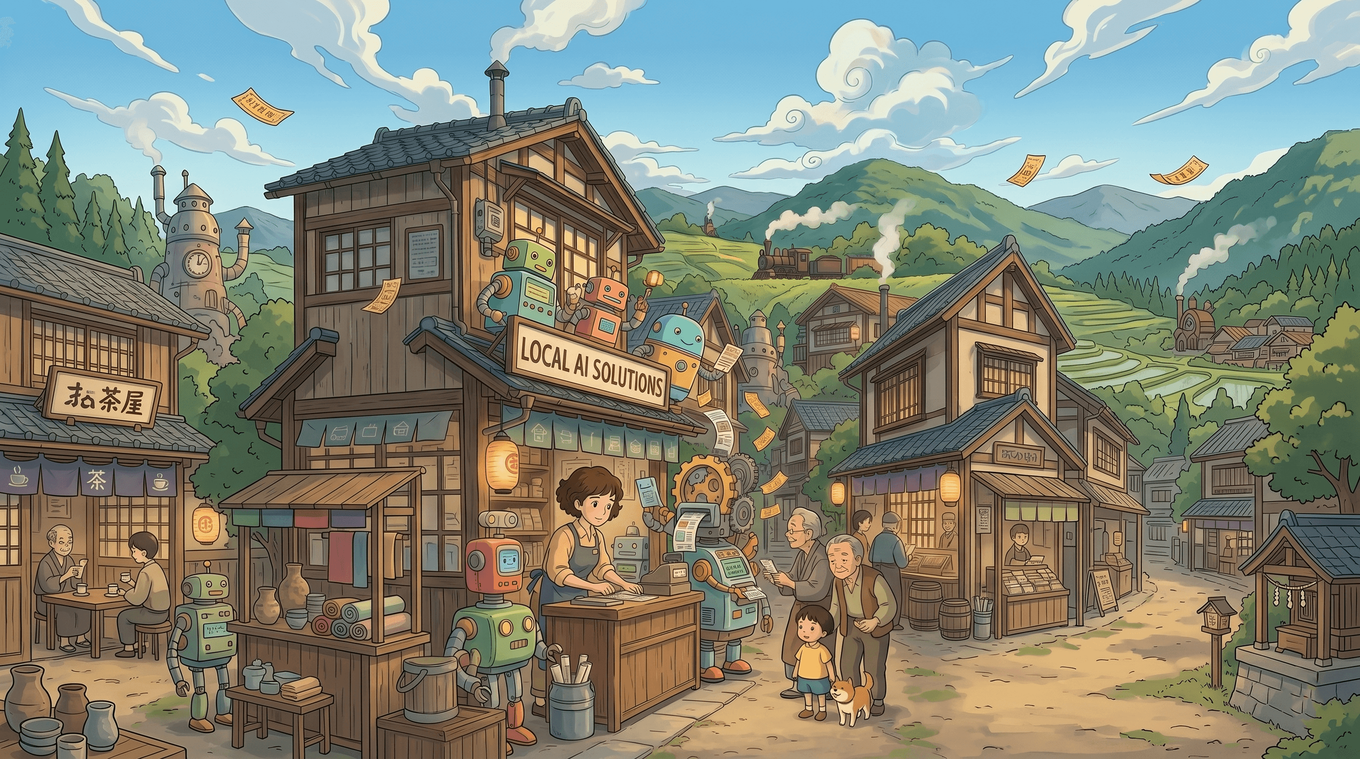Retro-futuristic rural town with friendly robots providing local AI solutions to villagers