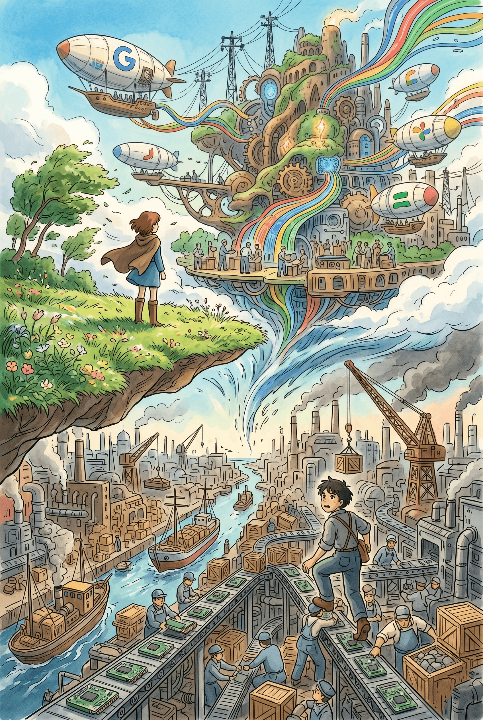 anime -style artistic poster illustrating a divided world; the top features a vibrant, green floating island with colorful rainbows and airships symbolizing a tech ecosystem, while the bottom depicts a bustling, industrial port city with complex assembly lines, ships, and factories representing a global supply chain.