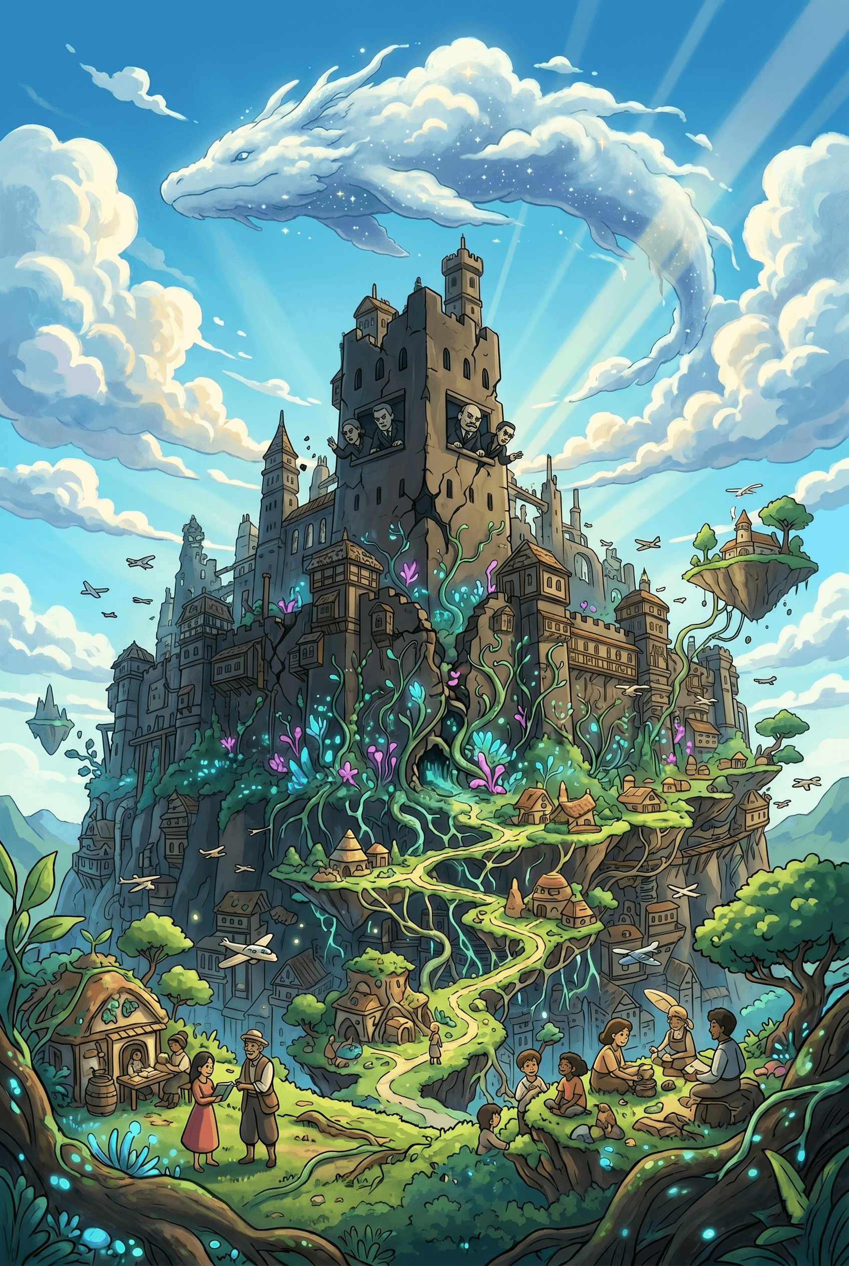 Detailed Studio Ghibli style illustration of a massive fantasy city built on a cliffside, surrounded by flying machines and overlooked by a giant, ethereal cloud dragon. The city has luminous purple flora and is cracked down the center.