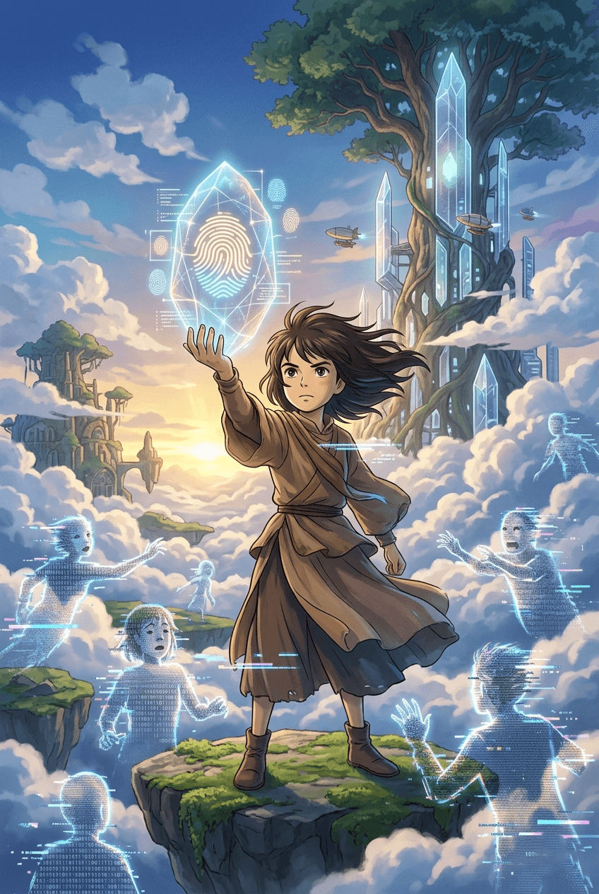 A Studio Ghibli-style artistic poster featuring a young person standing on a floating island, holding a glowing digital crystal with a fingerprint inside, surrounded by glitching ghost-like digital figures in a vast sky.