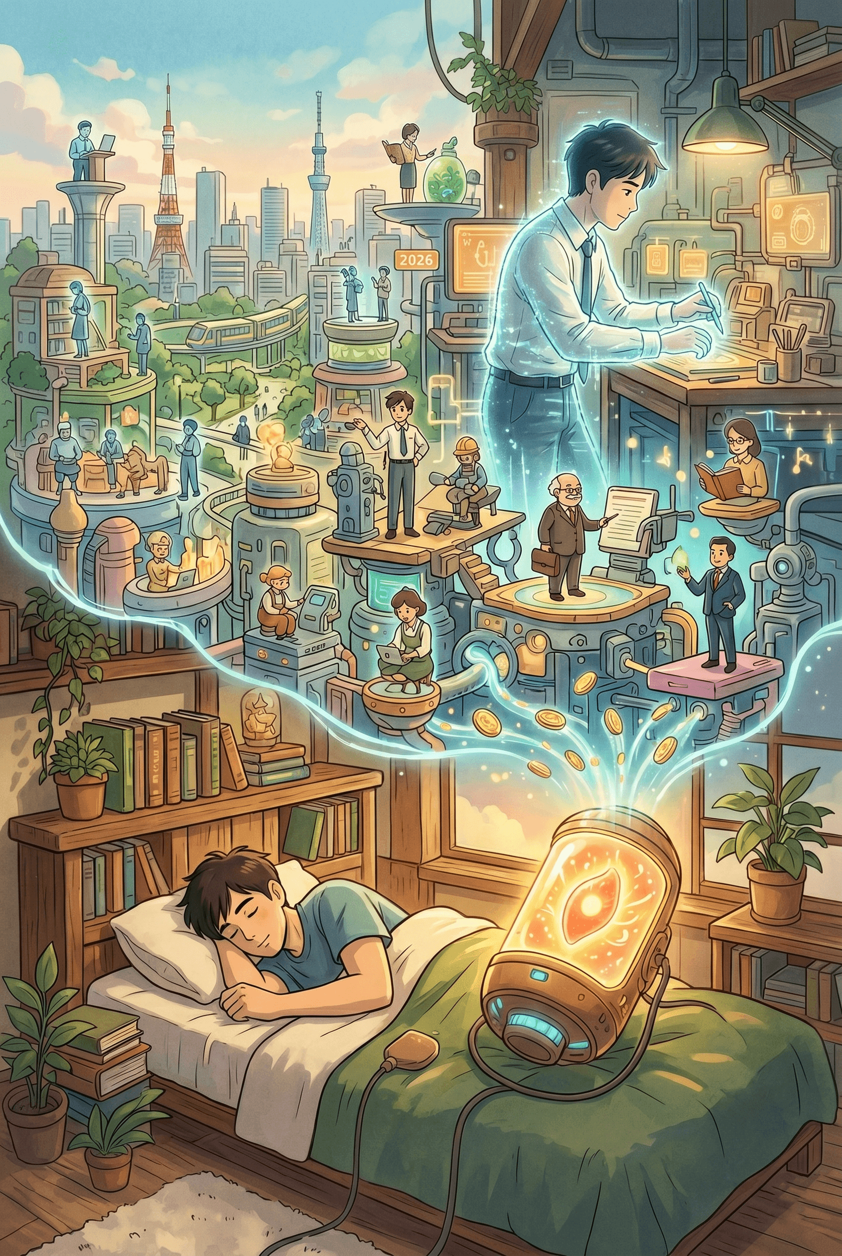 Detailed isometric anime illustration of a man dreaming while his virtual persona works in a detailed, networked futuristic cityscape with Tokyo Tower. Style features warm lighting and concept art aesthetics.