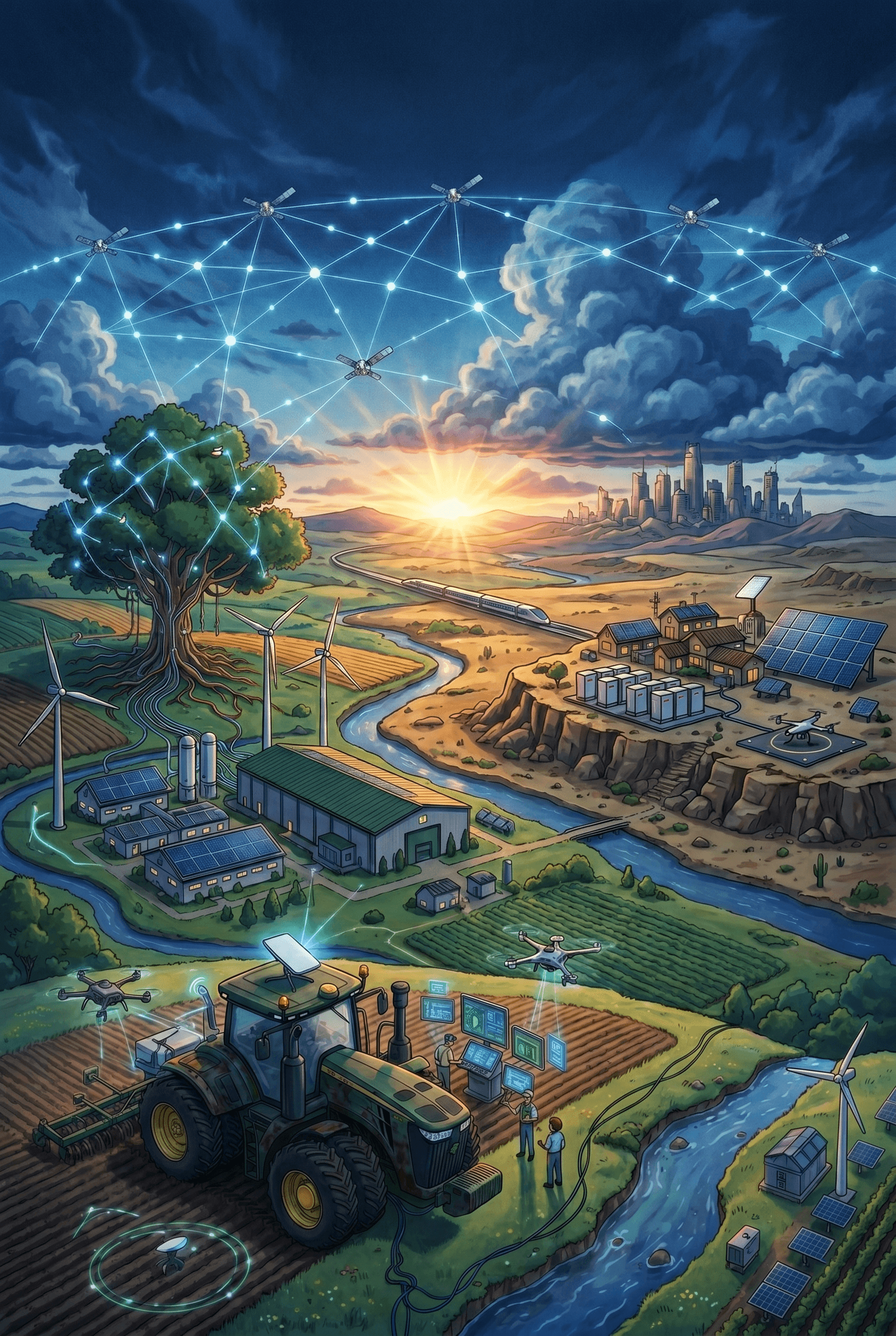 A detailed digital art illustration of a futuristic, data-driven sustainable farm landscape. In the foreground, a modern green tractor uses advanced data screens, while drones fly above the fields. The background shows wind turbines, solar panels, a hyper-speed train, a connected network tree, and a distant city under a low-earth orbit satellite constellation, in a Studio Ghibli-inspired art style.