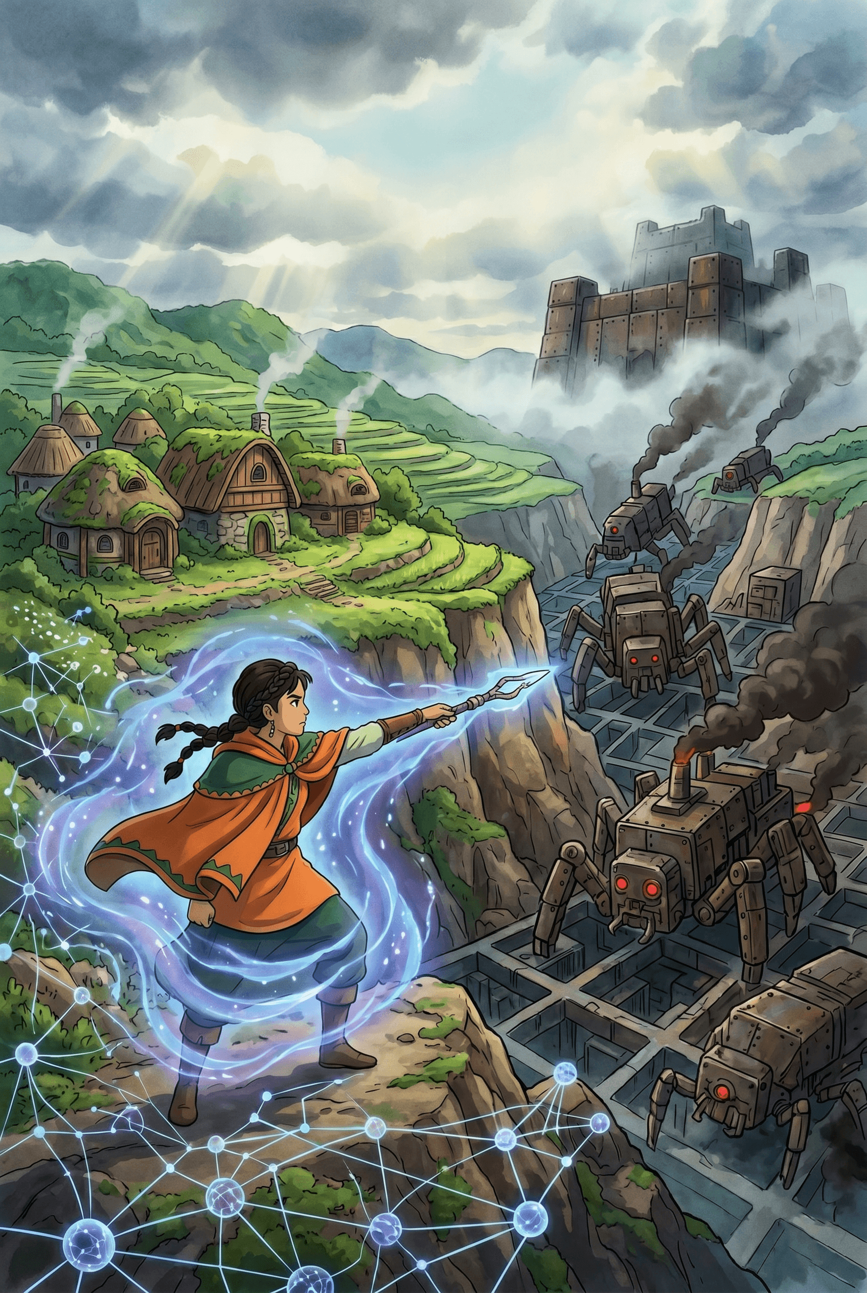 A vertical poster in the Miyazaki anime art style. On the left, a young female warrior stands on a cliff, defending a peaceful green village with a glowing blue, mesh-like protective network at her feet. Holding a staff, she fights off massive, smoke-belching mechanical spider robots (representing ASICs) coming from a dark ravine on the right. In the background, sun rays pierce through gray clouds, revealing a dark, industrial fortress in the distance. The image contains no text.