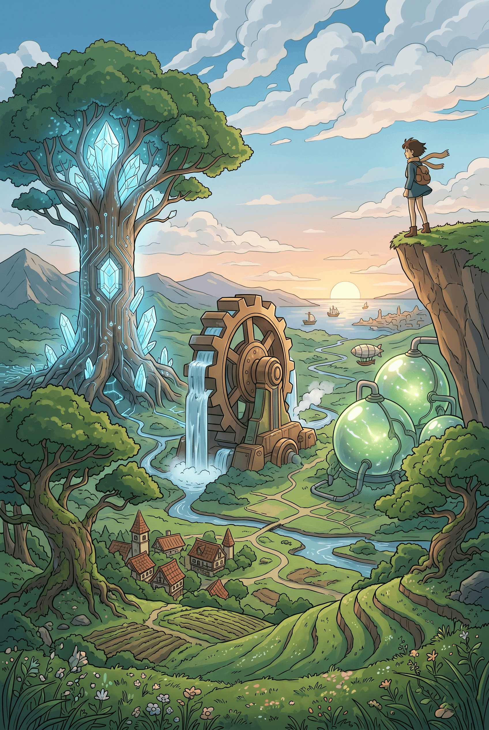 A Studio Ghibli-inspired vertical poster featuring a lush valley where a glowing crystal-embedded "memory tree" with circuit patterns stands alongside a massive mechanical waterwheel and luminous green hydrogen spheres. A lone figure watches from a cliffside as the sun rises over this integrated landscape of high-tech infrastructure and nature.