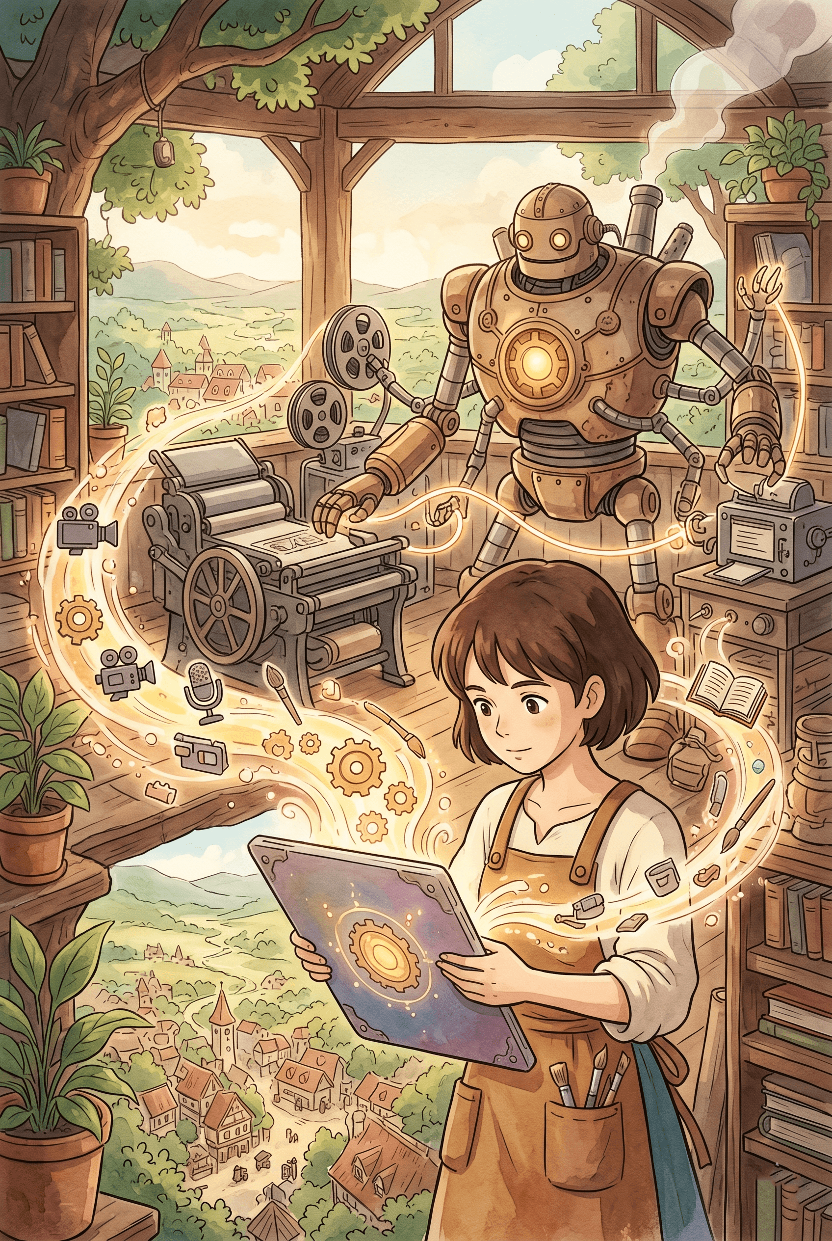 Retro-futuristic artist studio with a giant robot and digital creative tools