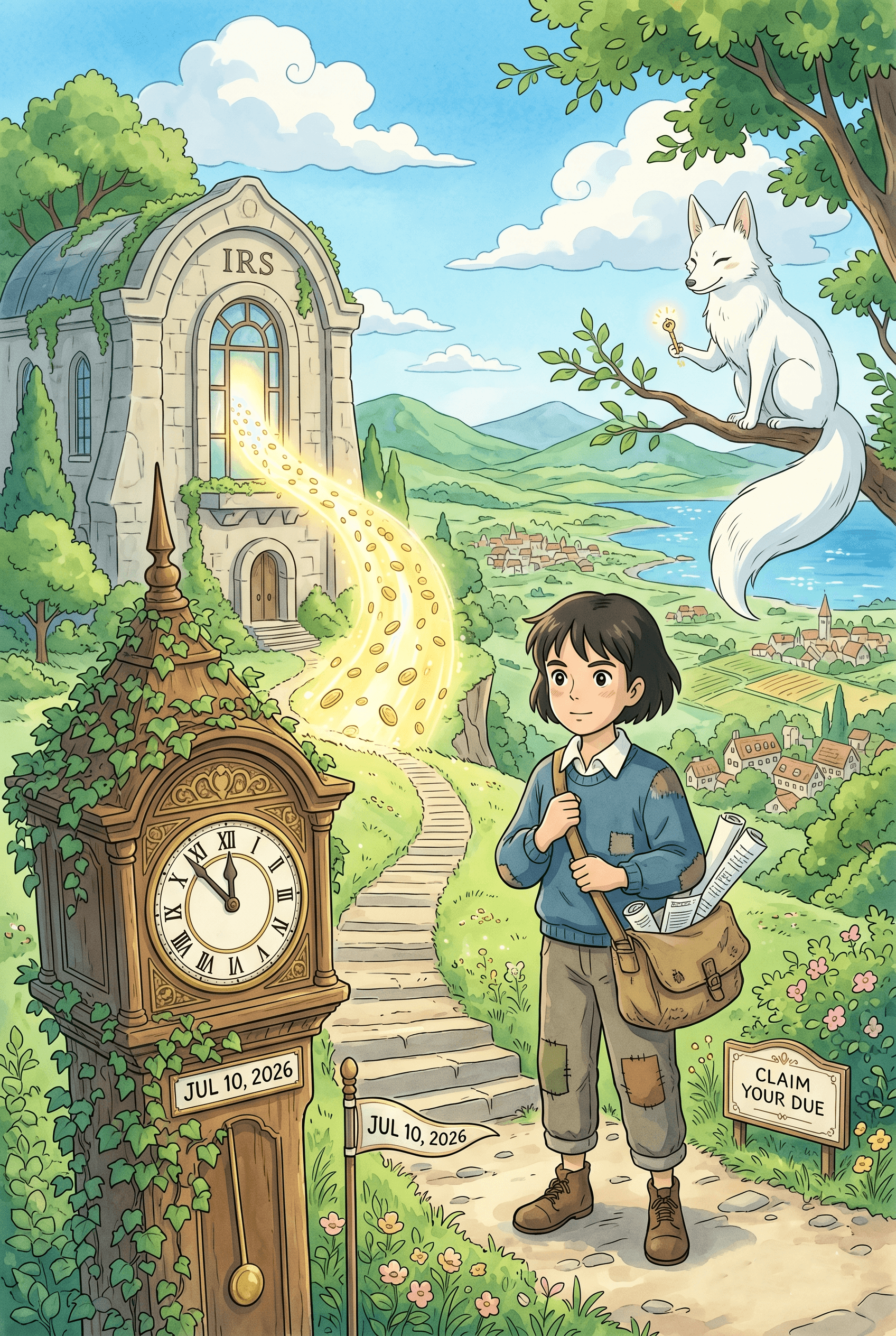 A vertical 2:3 Ghibli-style watercolor illustration featuring a young traveler with a bag of tax documents standing before an ivy-covered grandfather clock marked "JUL 10, 2026". In the background, a magical stream of gold coins flows from an ancient "IRS" temple toward a coastal village, while a mystical white fox spirit watches from a tree holding a glowing key.