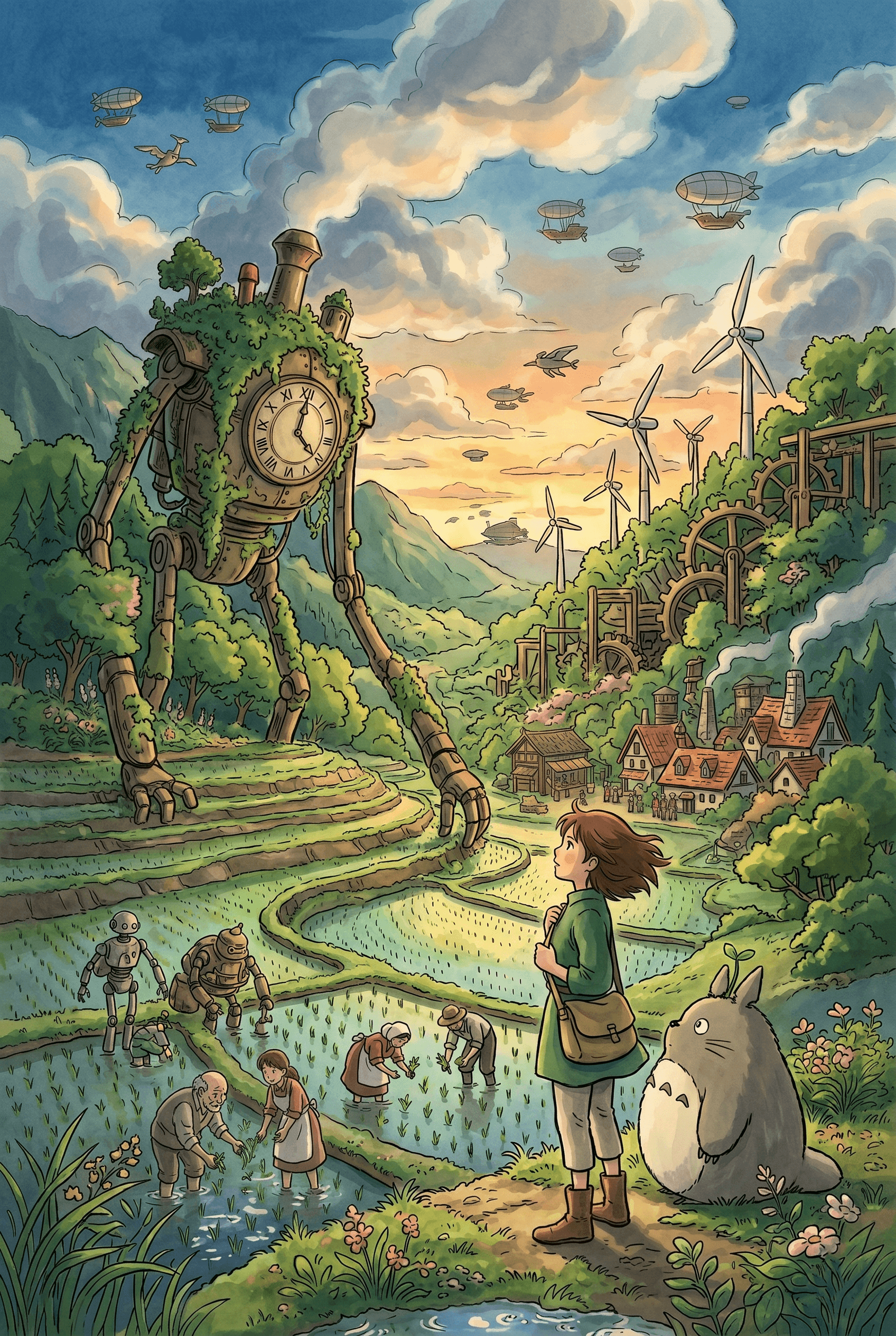 Miyazaki style anime poster of robots and humans farming together in a lush green landscape, symbolizing a post-work economy.
