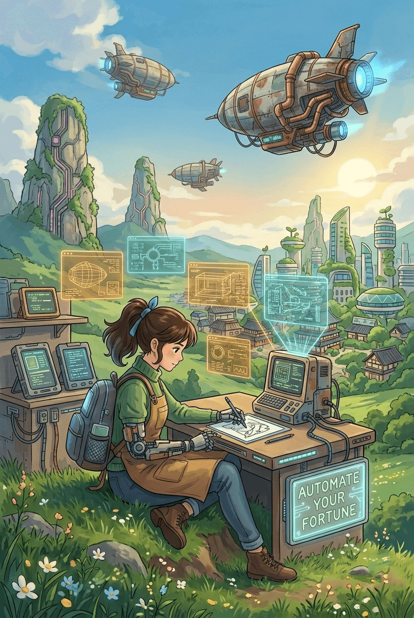 Studio Ghibli inspired poster of a girl with a mechanical arm working on a vintage-futuristic computer in a lush landscape, featuring "Automate Your Fortune" text and rusty flying airships.