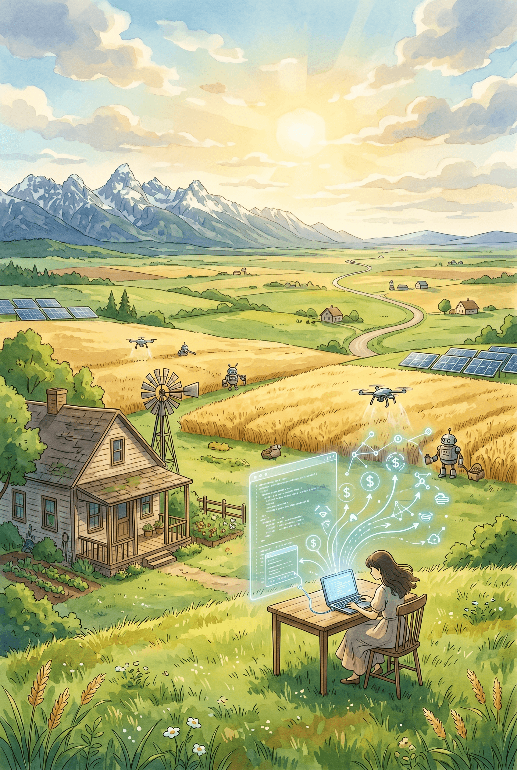 A panoramic, Ghibli-style watercolor illustration of a rural valley with traditional farms and advanced technology like solar panels, drones, and robots. A young woman uses a laptop on a hill.