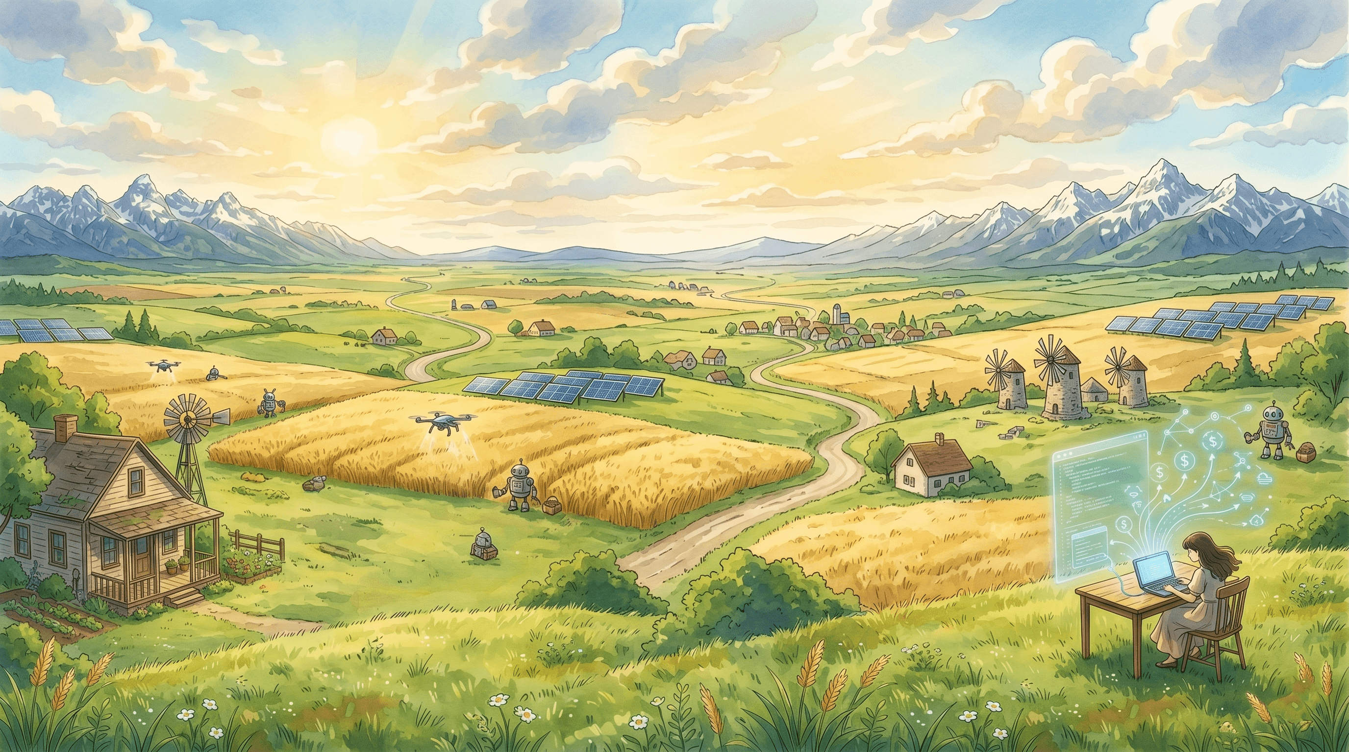 A panoramic, Ghibli-style watercolor illustration of a rural valley with traditional farms and advanced technology like solar panels, drones, and robots. A young woman uses a laptop on a hill.