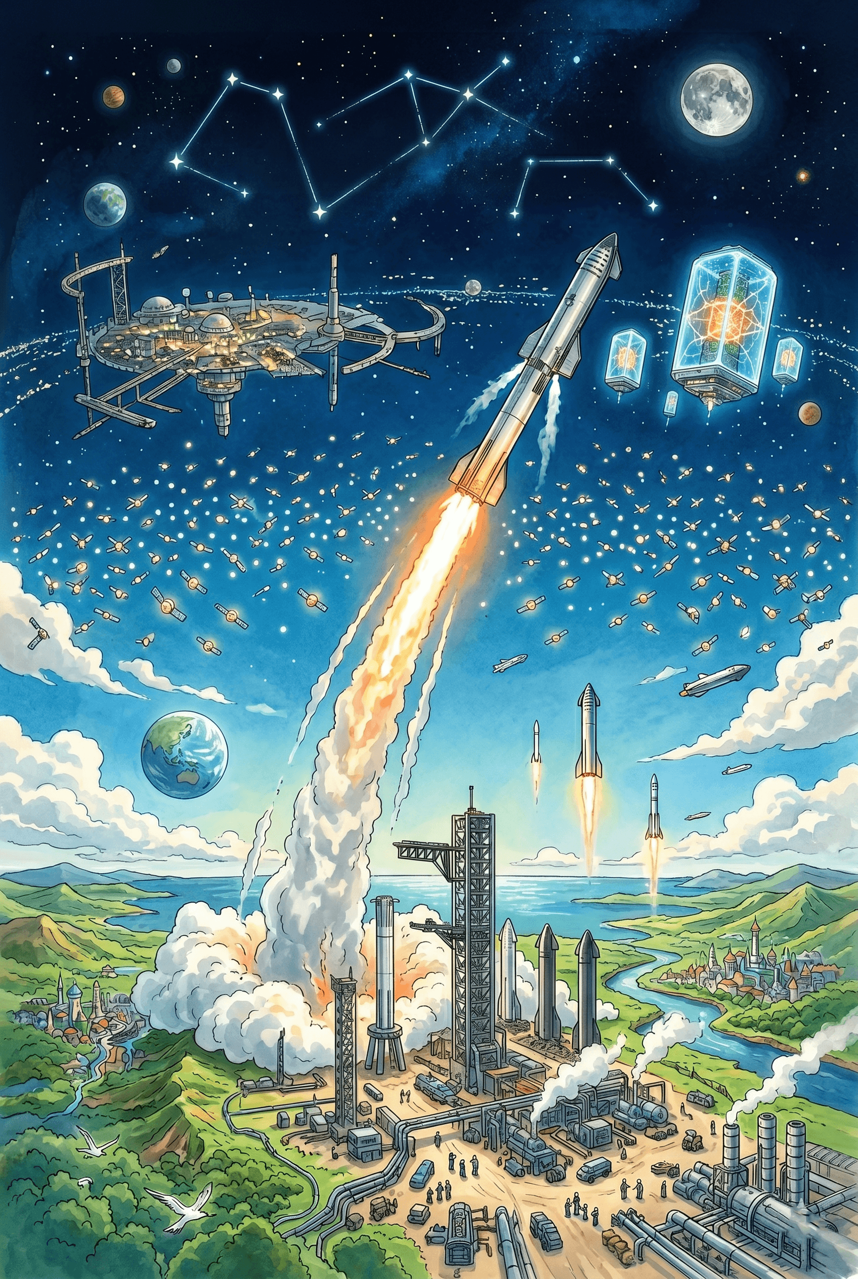 A Studio Ghibli-inspired artistic poster illustrating the 2026 SpaceX IPO and space economy. 