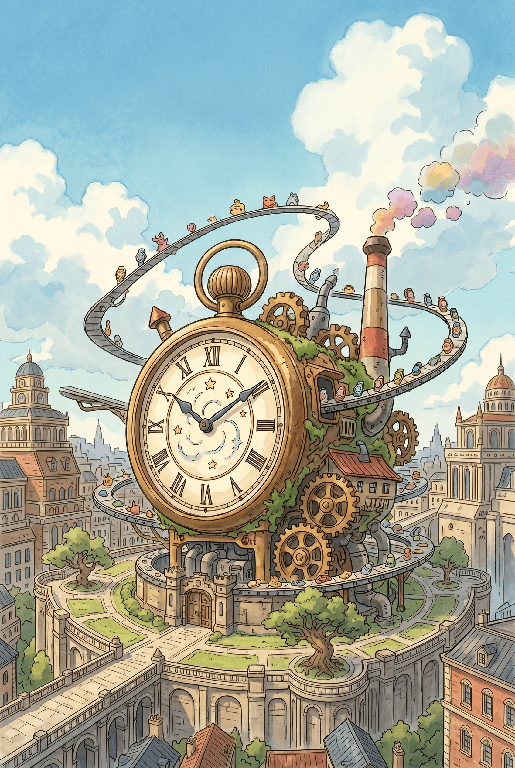 anime style fantasy clock tower in a grand city square watercolor illustration, Studio Ghibli aesthetic whimsical steampunk architecture with industrial gears and watch conveyor belts, high value masterpiece artifact without text.