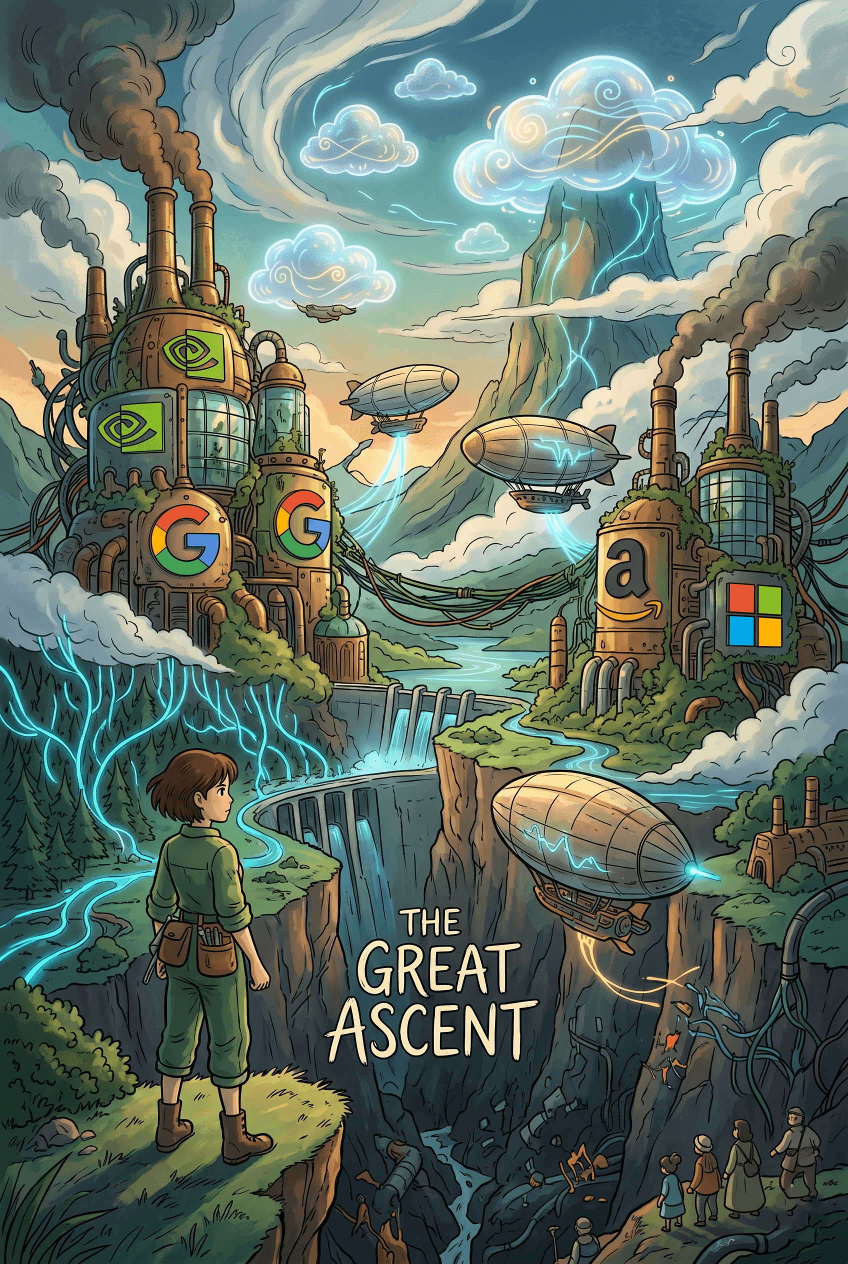 Retro-futuristic AI landscape featuring major tech companies powering a surreal digital world