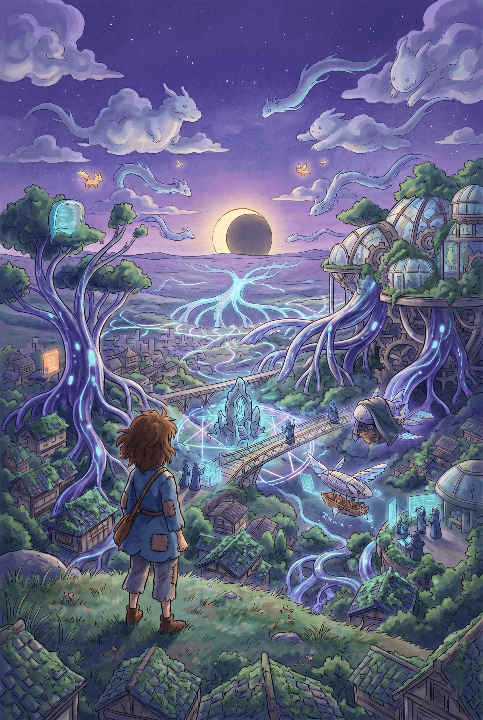 Fantasy sci-fi world with glowing digital roots, floating ships, and mystical cloud creatures, anime style