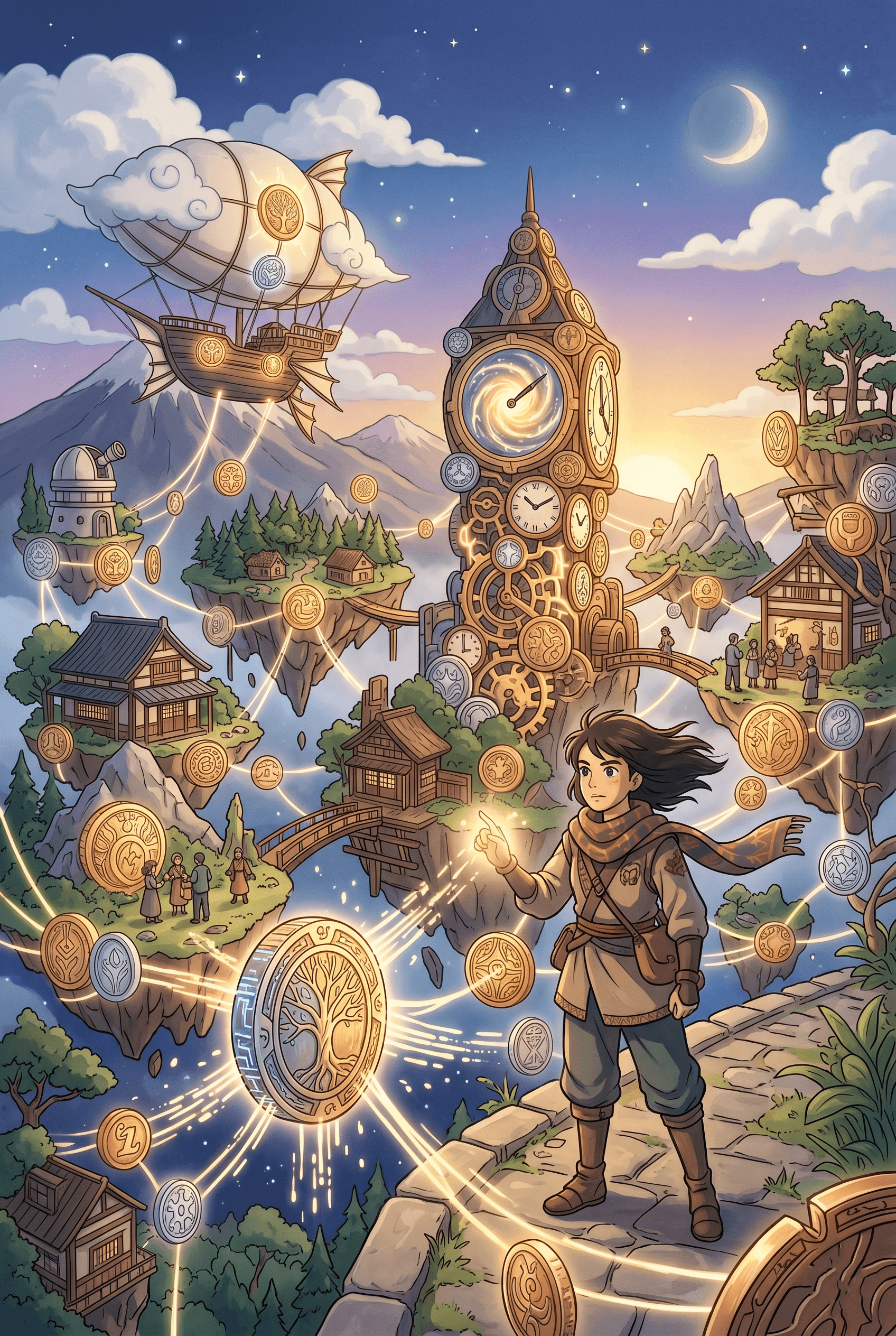 Studio Ghibli style anime poster depicting digital tokenization with floating islands, glowing coin icons, and interconnected assets in a whimsical landscape.