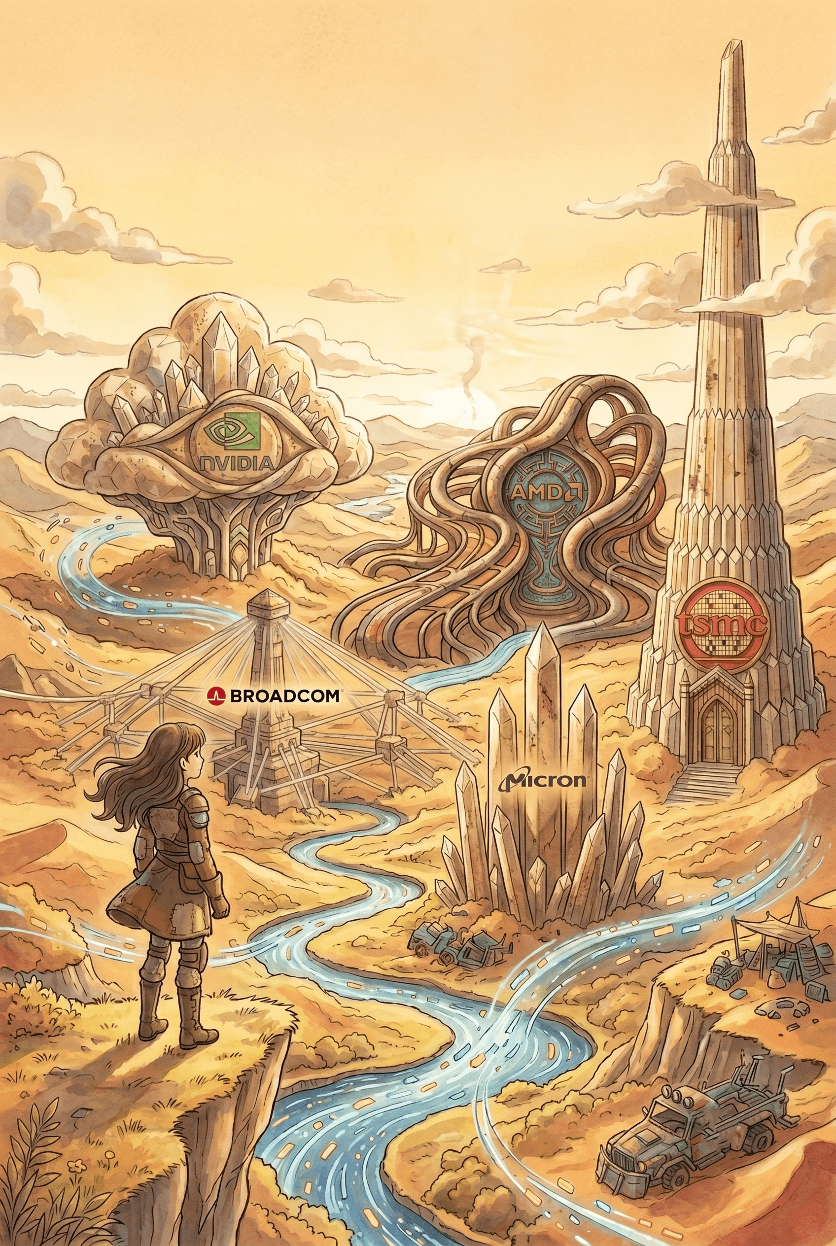 A vertical 2:3 conceptual poster in a Miyazaki-anime style with a post-apocalyptic Mad Max twist, depicting the global AI hardware landscape. The entire scene is set in a vast, dust-swept desert filled with warm orange and beige tones, replacing all former greenery. A young girl, now wearing rugged, patched wasteland attire and boots, stands on a rocky cliff in the foreground, looking out over a winding digital river flowing with glowing data streams. Scattered across the desert floor are rusty wasteland vehicles, makeshift camps, and industrial scrap. In the background, five monumental structures represent major tech companies, with their corporate logos seamlessly integrated as ancient architectural elements: a carved stone eye with the Nvidia logo, an intricate weathered pipe installation containing the AMD logo, a massive tower with a round red TSMC seal, a network of mechanical struts around a Broadcom monolith, and sharp crystal spires bearing the Micron emblem.
