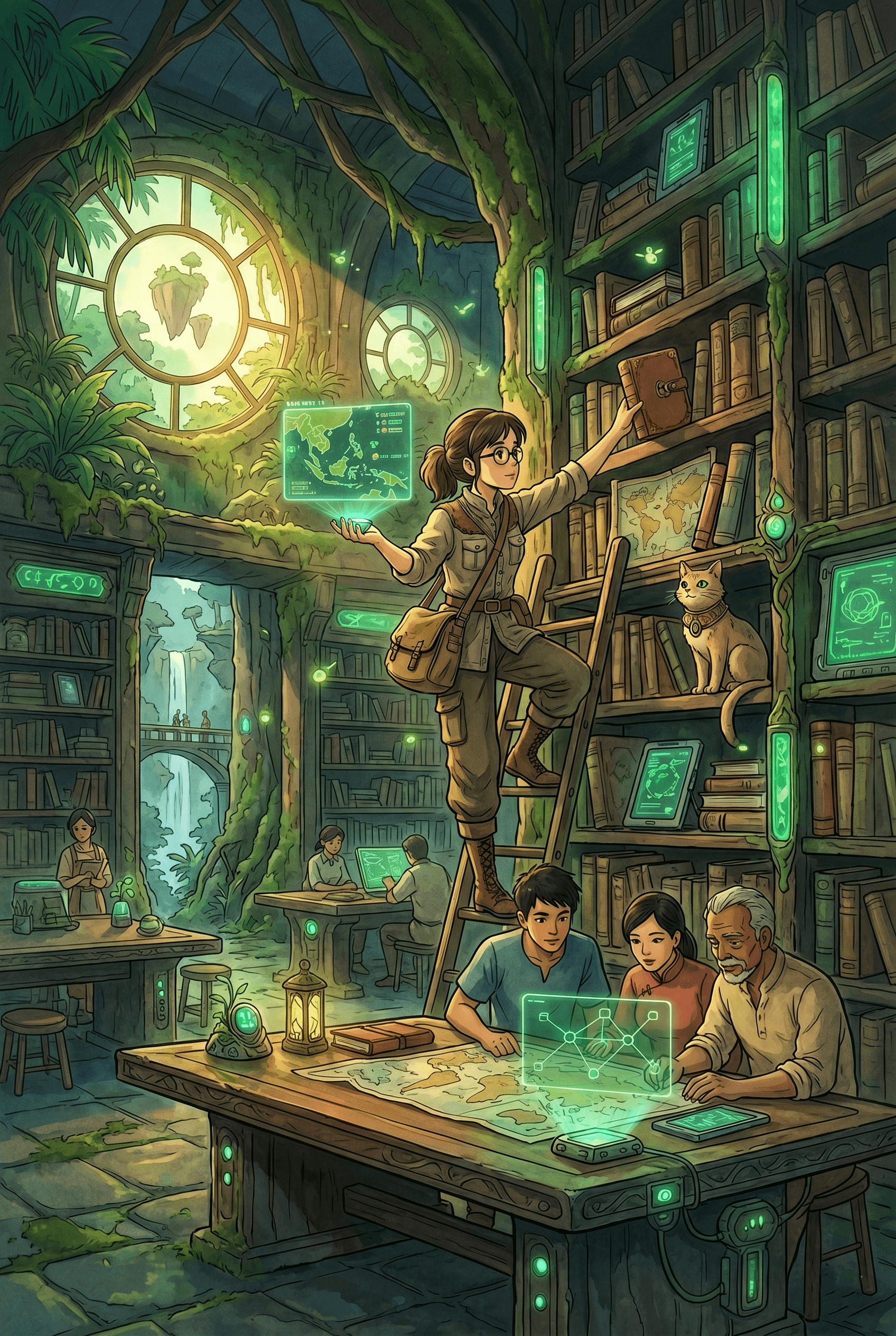 A futuristic jungle library where people collaborate using holographic technology, representing Southeast Asia’s real-world adoption of Web3 and digital infrastructure