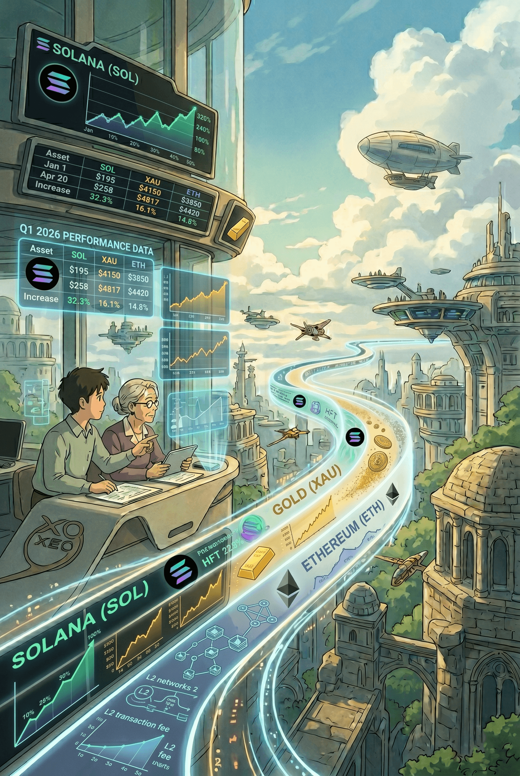 A visual contrast between a fast-moving digital network, a stable blockchain structure, and a glowing gold asset representing different financial philosophies