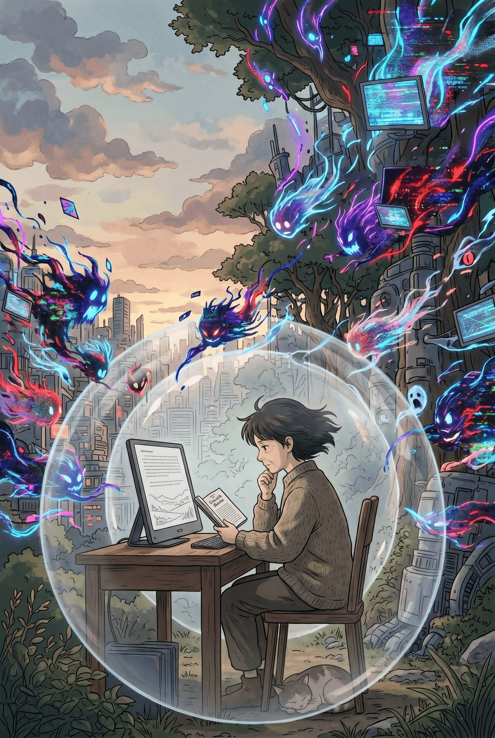 A vertical Studio anime-inspired anime poster. In the center, a young person sits peacefully at a wooden desk inside a large, transparent, glowing protective bubble. They are focused on a minimalist E-Ink monitor and reading a physical book, accompanied by a sleeping cat under the chair. Outside the bubble, a chaotic world of information overload is represented by buzzing neon digital screens, glitching structures, and colorful, aggressive digital sprites trying to break in, but being deflected by the transparent shield.
