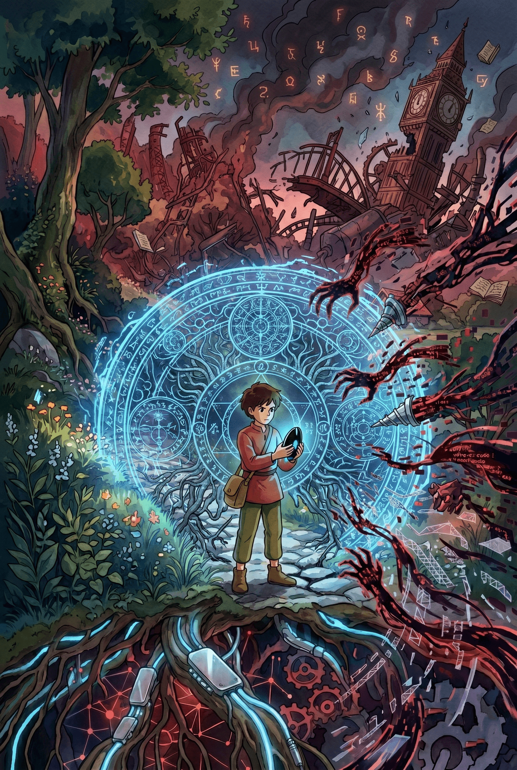 anime poster featuring a young boy in a vibrant forest holding a sleek, minimalist black device. The device projects a highly detailed, glowing blue circular shield covered in complex runes, protecting him from aggressive, mechanical vine-like structures. In the background, a chaotic scene unfolds with a ruined clock tower under a starry sky, while the underground reveals glowing roots intertwined with cybernetic cables and gears.