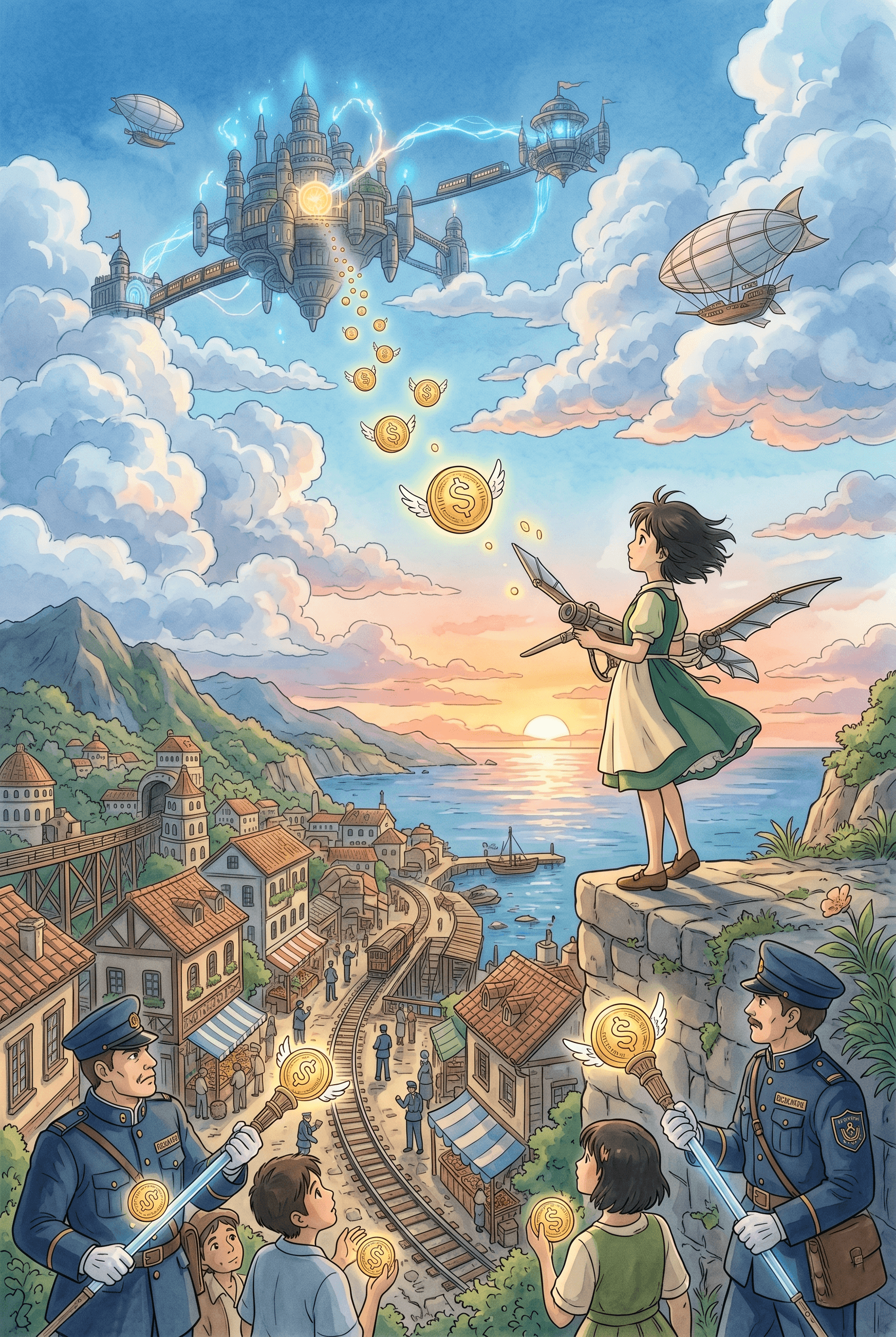 A vertical anime-style poster showing a bustling coastal town below. Authorities in uniform hold glowing devices as stablecoin orbs (golden, winged coins) escape from the city. A young girl on a cliff looks up as a stream of the orbs floats upwards toward a fantastical, advanced floating city in the clouds. Zeppelins and airships are also visible in the distance. The overall palette is rich in blues, golds, and natural greens, with a nostalgic and detailed background texture typical of anime hand-painted style. The format is 2:3.