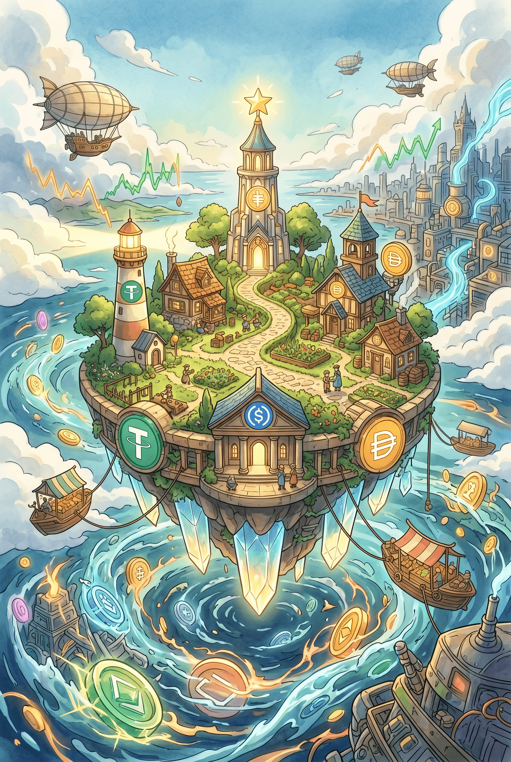 Fantasy-inspired stablecoin ecosystem with digital currencies powering a floating financial city